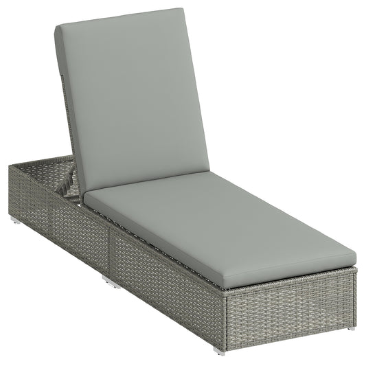 Rattan Sun Lounger, Five-Position Reclining Garden Lounger Bed with Cushion, Light Grey
