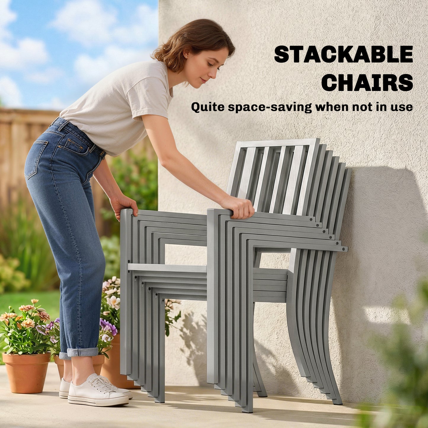 7 Pieces Garden Table and Chairs, 6 Seater Outdoor Table and Chairs with Umbrella Hole, for Garden, Light Grey