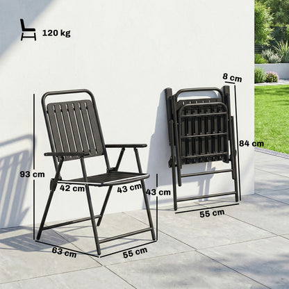 Folding Garden Chairs, Garden Dining Chairs with Plastic Slatted Seat Back, Armrests, Steel Frame, Set of 4, Black