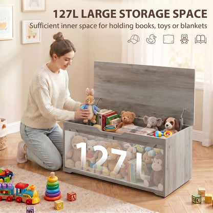 127L Home Storage Box, with Safety Hinges - Grey Wood-Effect