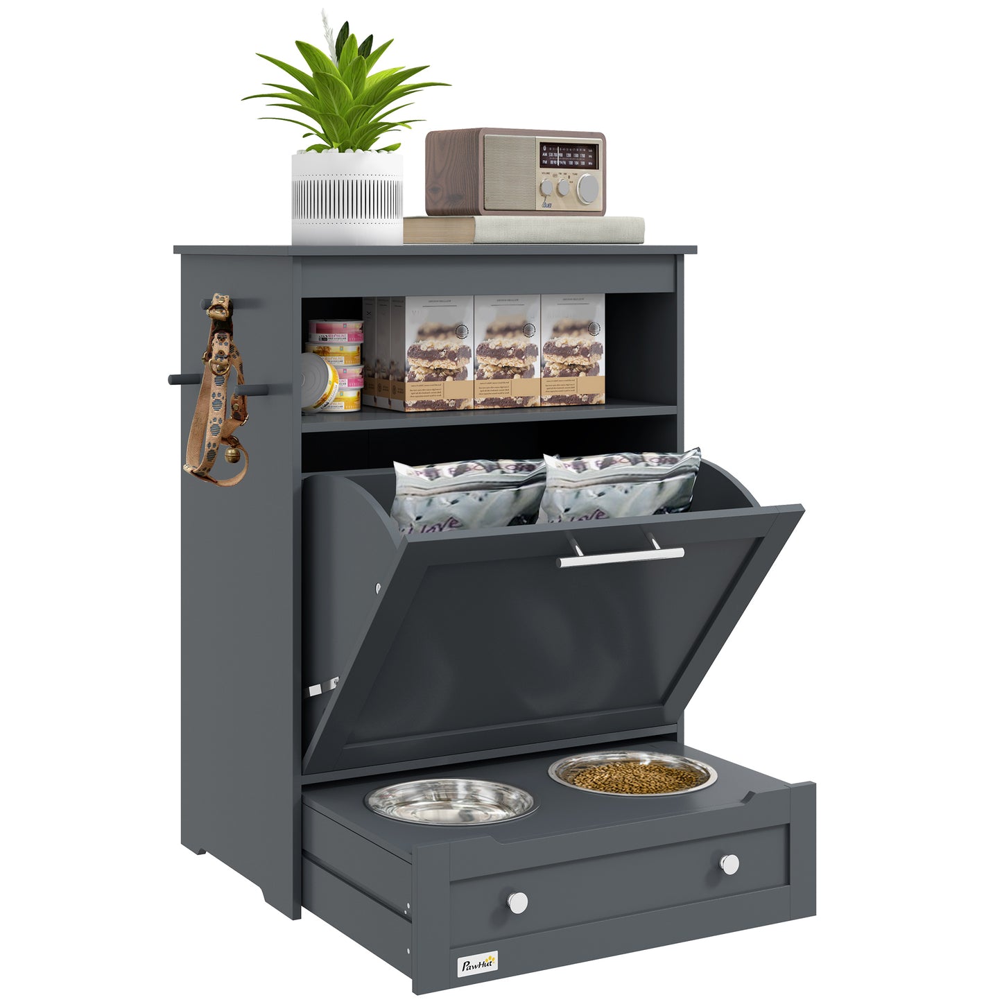 Pet Feeder Station, Dog, Cat Storage Container, with Raised Bowls, Hanger, Cabinet - Grey