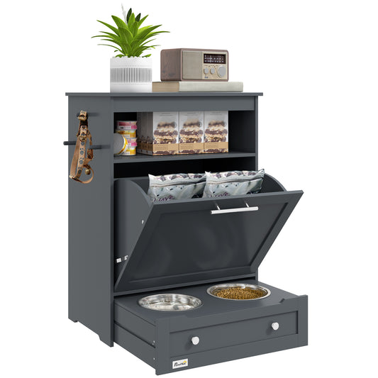 Pet Feeder Station, Dog, Cat Storage Container, with Raised Bowls, Hanger, Cabinet - Grey