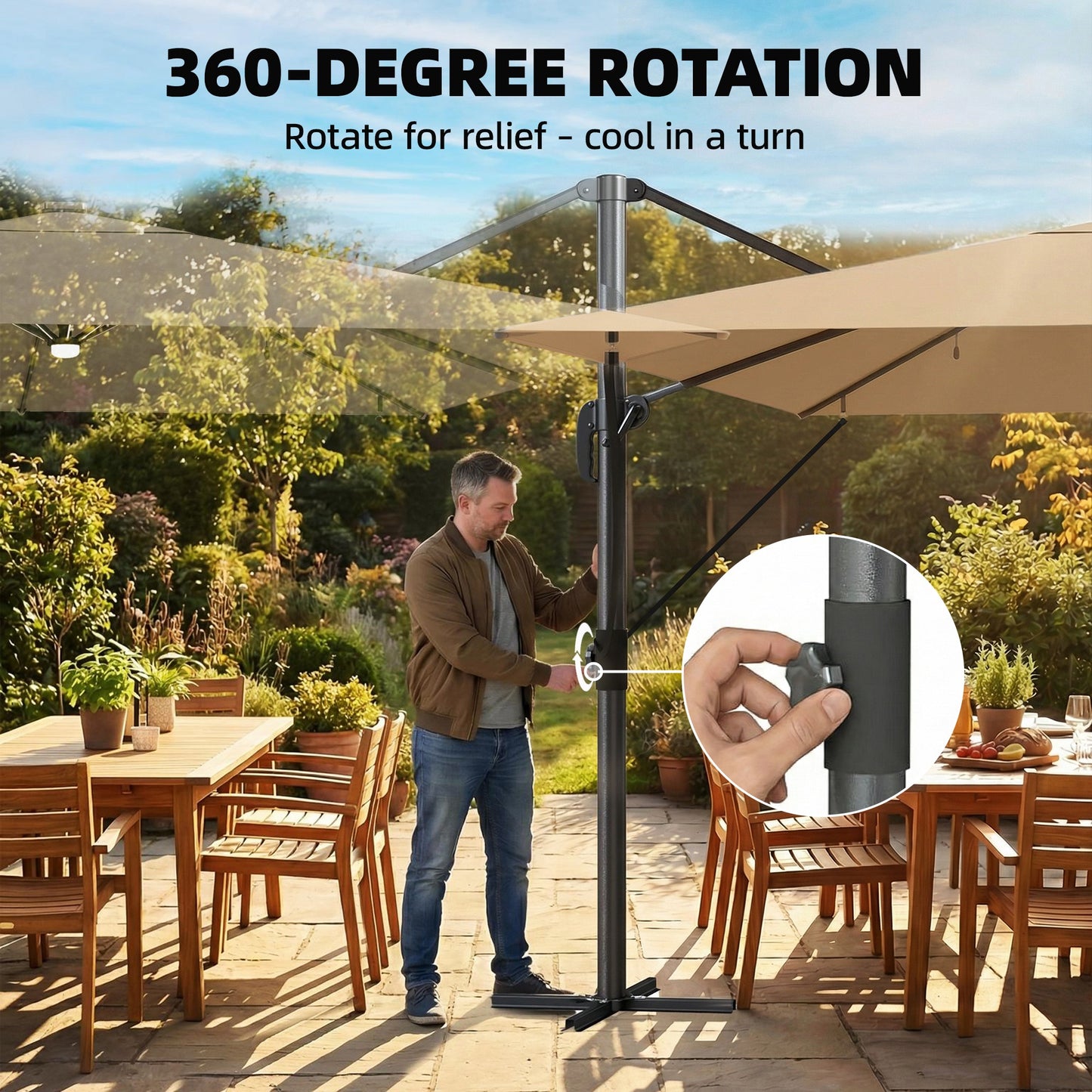 3 x 3 m Garden Cantilever Parasol with Light, Umbrella with Wind Protection, 360° Rotation, Khaki