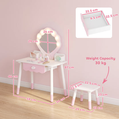 Kids Vanity Set, Kids Dressing Table with Chair, Acrylic Mirror, Lighted Bulbs, 7-Piece Accessories, for 3-8 Years, Pink