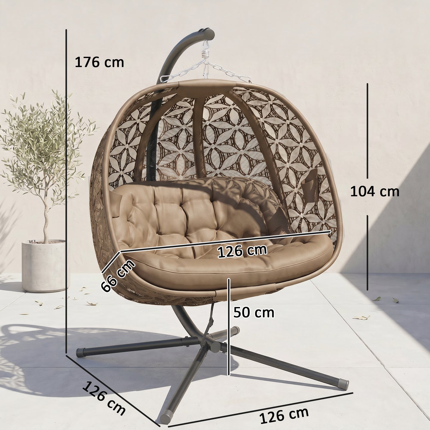 Outdoor Double Hanging Chair with Cushion and Cup Holders, Sand Brown