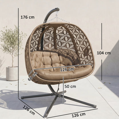 Outdoor Double Hanging Chair with Cushion and Cup Holders, Sand Brown