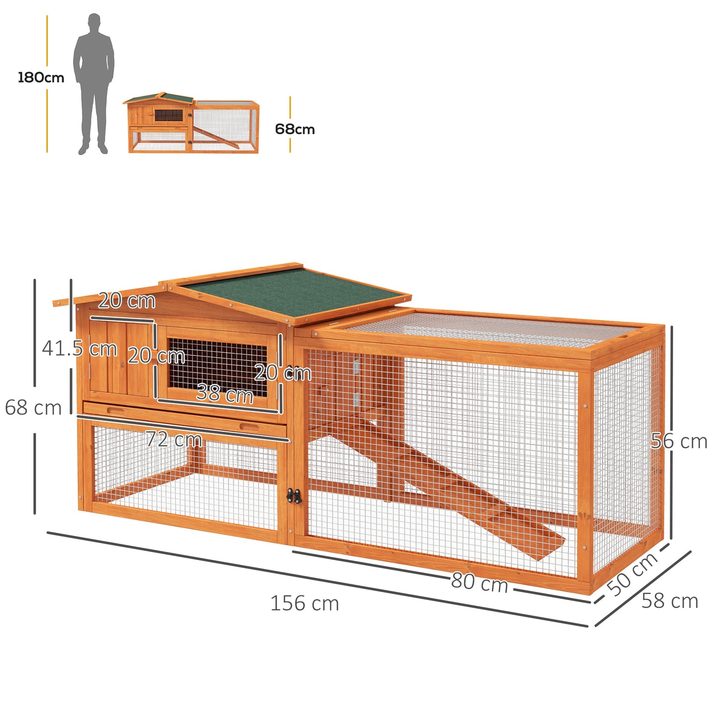 Rabbit Hutch with Run Wooden Guinea Pig Hutch Outdoor Bunny Cage Hide House with Sliding Tray, Hay Rack, Ramp