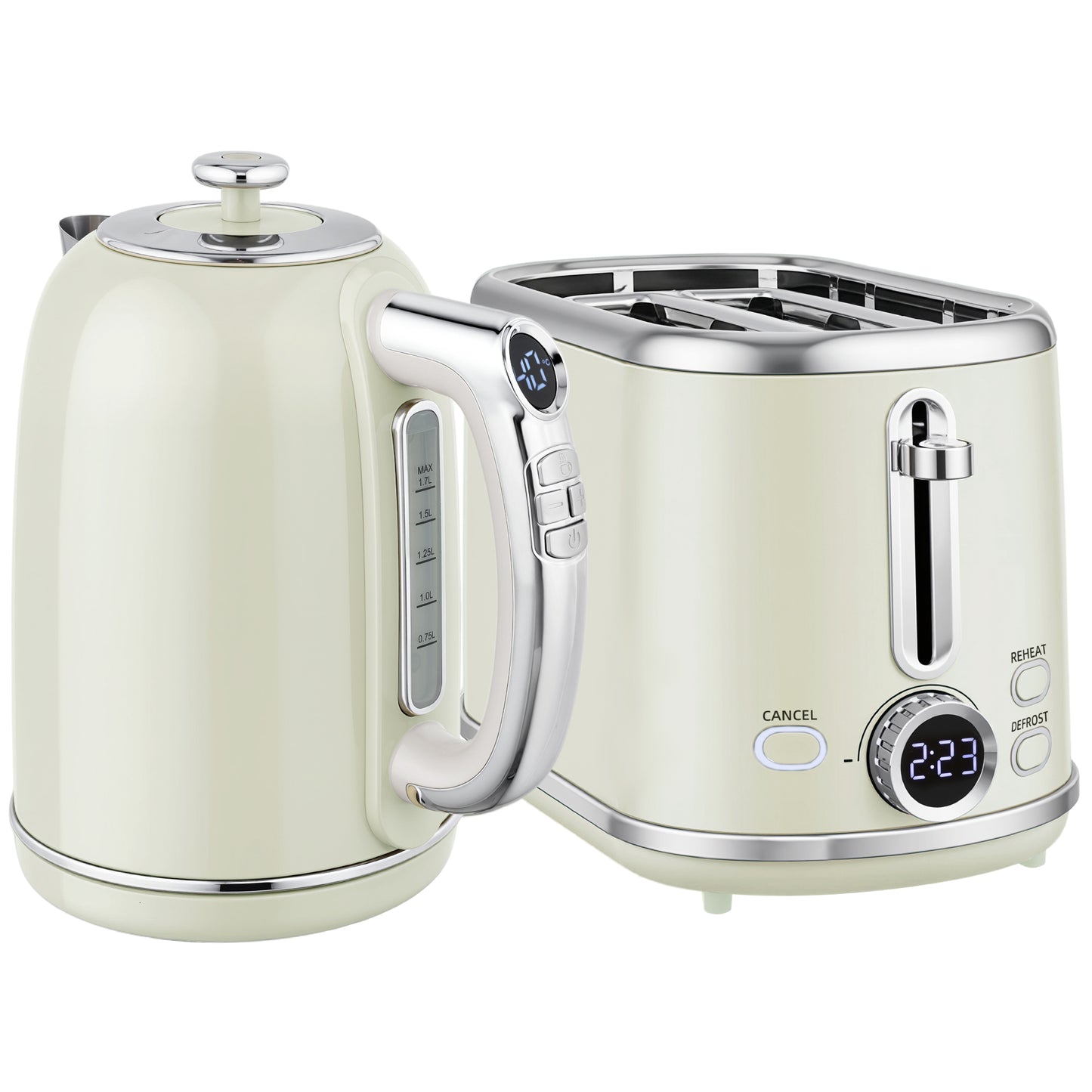 Polished Retro 40-100°C Kettle and Toaster Set - Grey