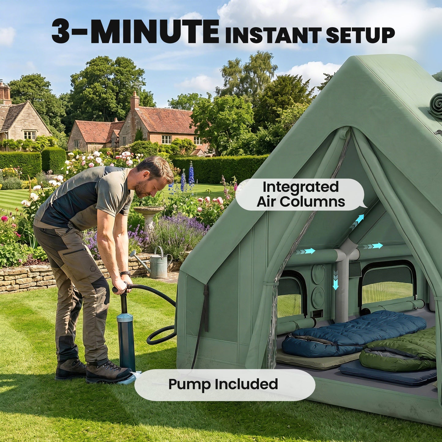 Inflatable Camping Tent, 4 Season Hot Tent 10000mm Waterproof with Chimney Opening, Sky Light and Air Pump, Green