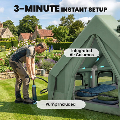 Inflatable Camping Tent, 4 Season Hot Tent 10000mm Waterproof with Chimney Opening, Sky Light and Air Pump, Green