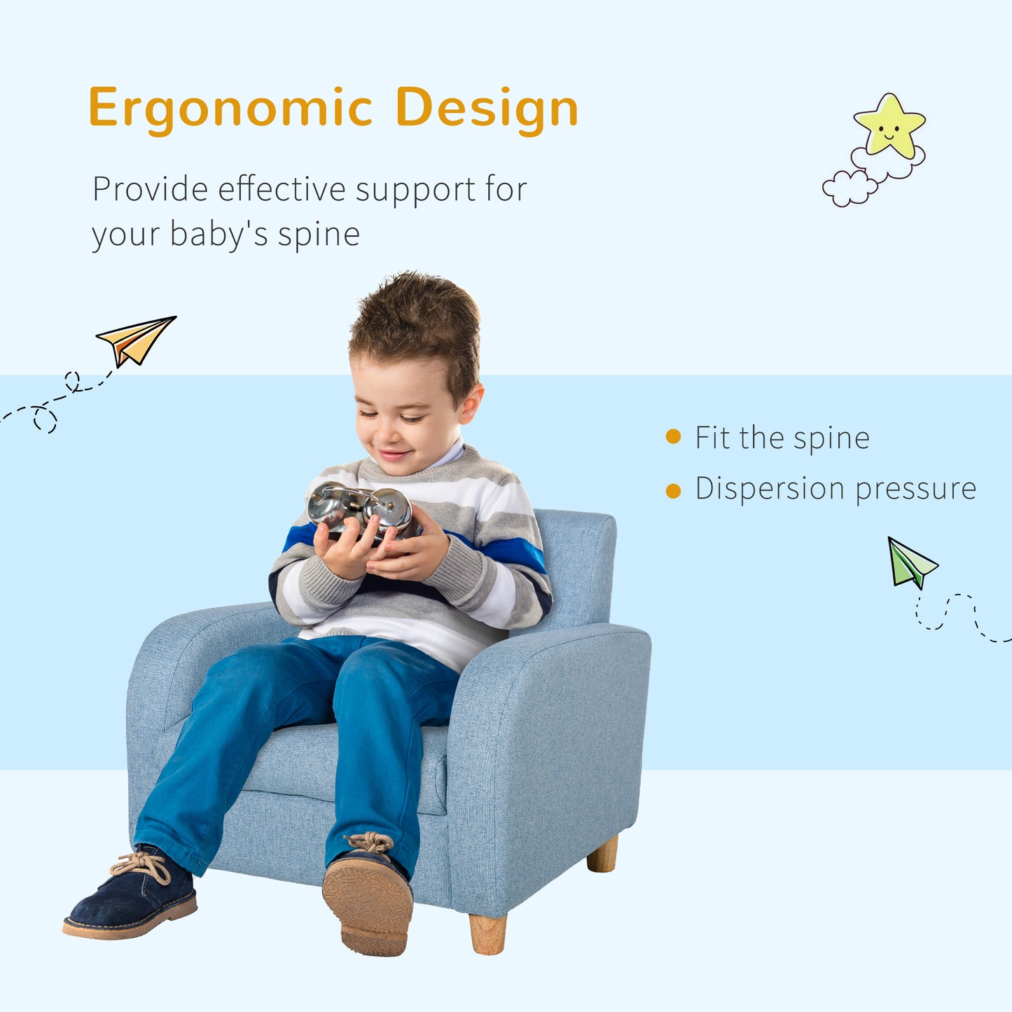 Children's Armchairs Toddler Chair Wood Frame Anti-Slip Legs High Back Bedroom Playroom Furniture Blue