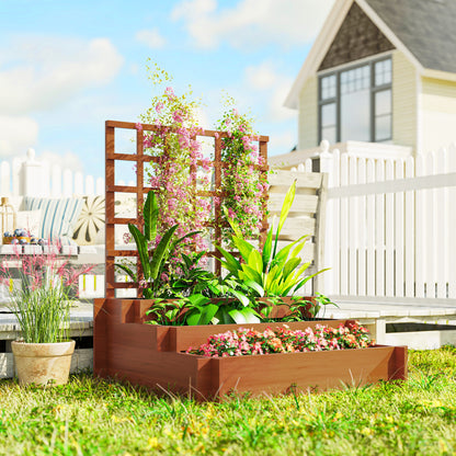 3 Tier Garden Planters with Trellis for Vine Climbing, Wooden Raised Beds, 95x95x110cm, Brown