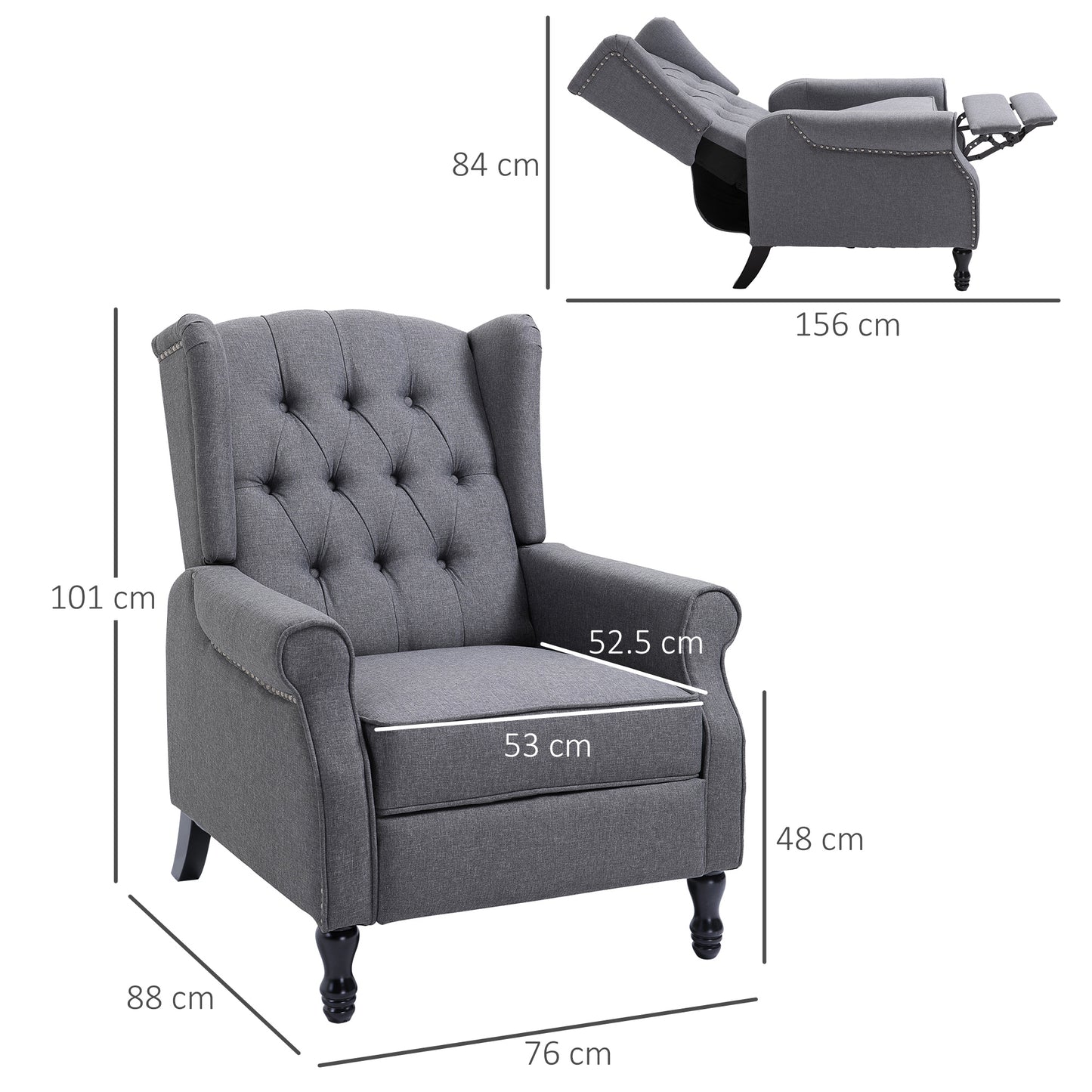 Recliner Armchair, Vintage Reclining Chair with Nail Head Trim, Wingback Chair with Button Tufted Back and Footrest