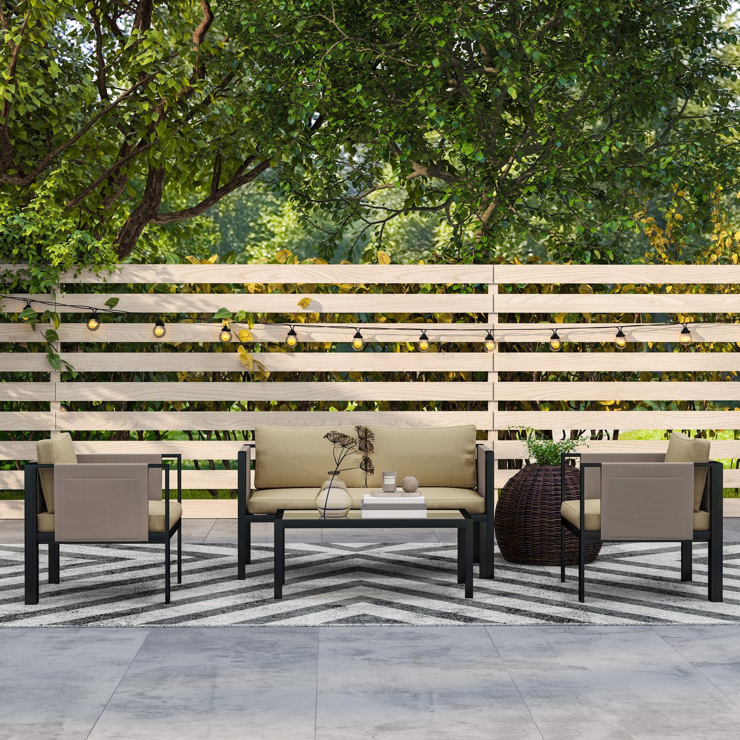 4 Piece Metal Garden Furniture Set with Tempered Glass Coffee Table, Texteline Pocket