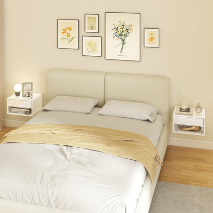 Set of Two Floating Bedside Tables, Wall Mounted Nightstand with Drawer and Open Shelf, High Gloss White