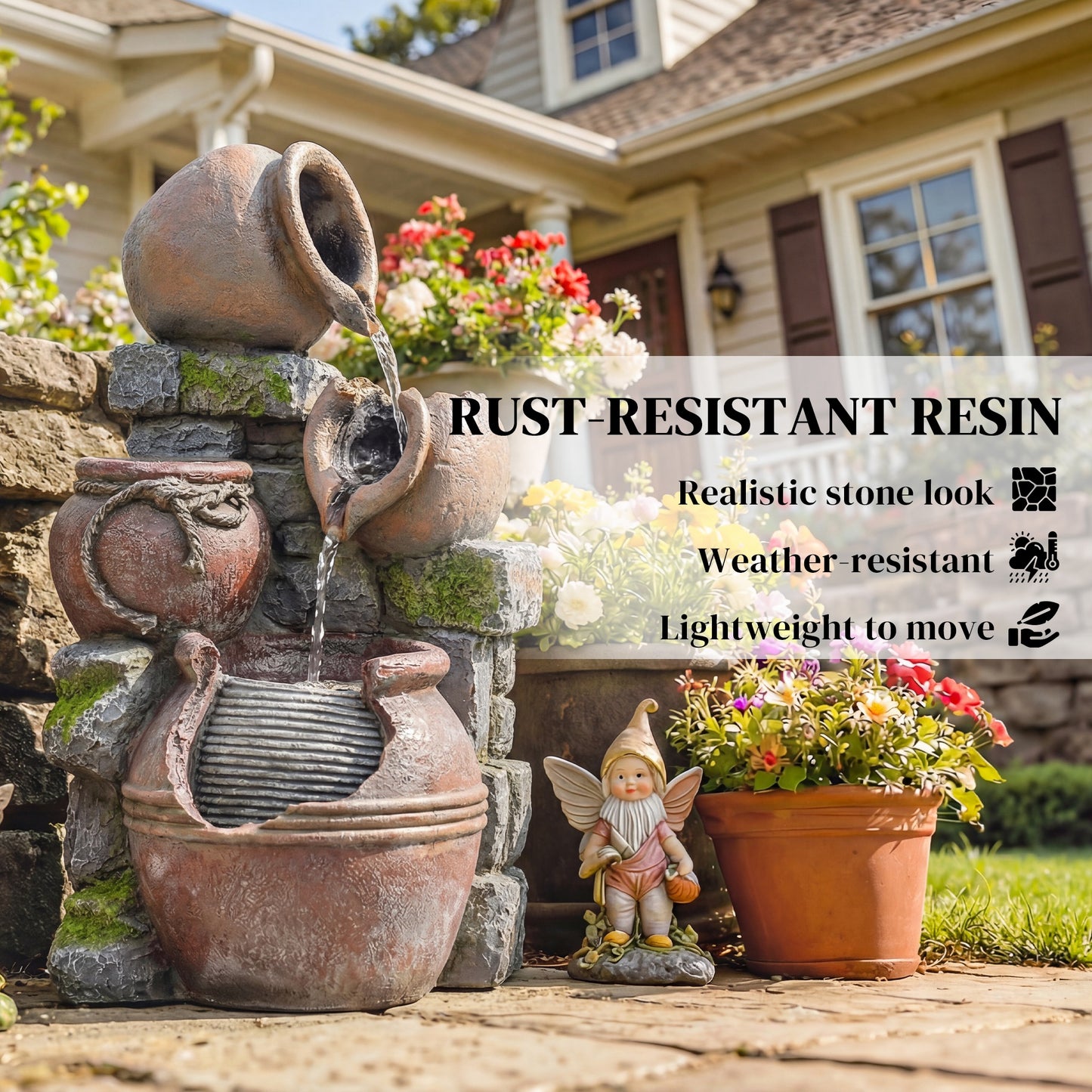 Outdoor Fountain with 4-Tier Rustic Pots & Planter, Garden Fountain with LED Lights, Rustic Brown
