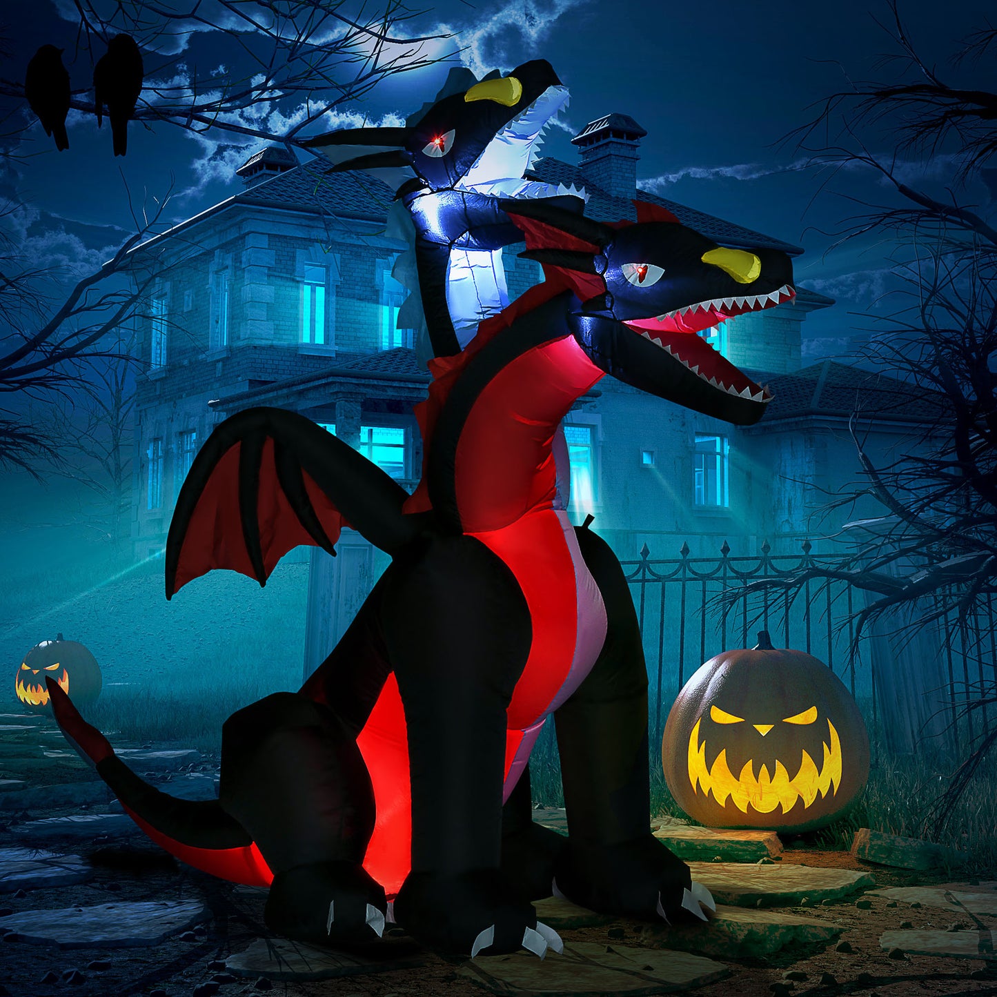 7FT Tall Halloween Inflatable Dragon with 2 Heads and LED Lights