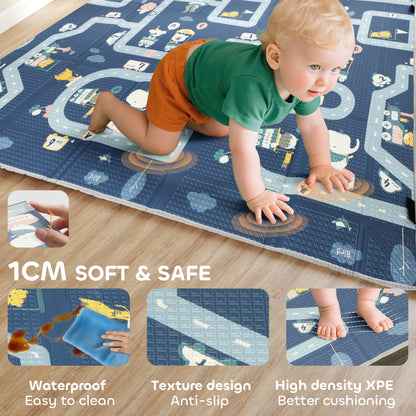 Foldable Baby Play Mat, Baby Playpen, Reversible Foam Playmat, Floor Mats for Toddlers, Traffic and Grey Diamond Theme