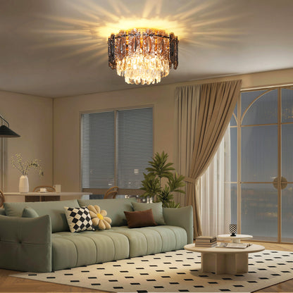 Chandelier Ceiling Light, 3-Light Flush Mount Fixture with Dual Crystal and Smoke Glass Shade