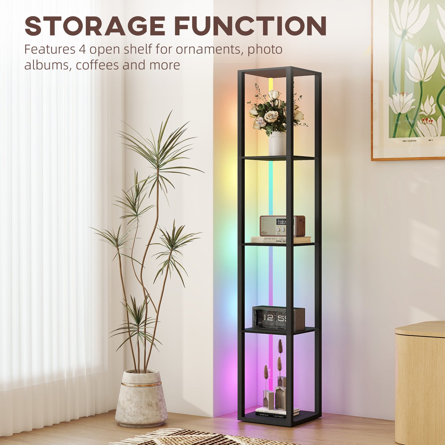 RGB LED Floor Lamp with Shelves, Modern Dimmable Standing Lamp with Remote Control