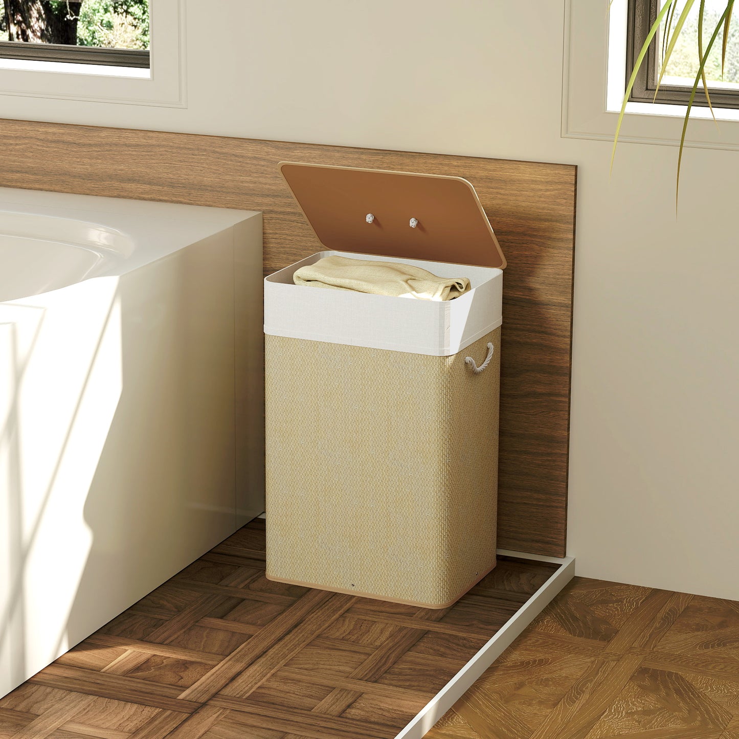 Bamboo Laundry Basket with Lid, 72L Laundry Hamper with Rope Handles
