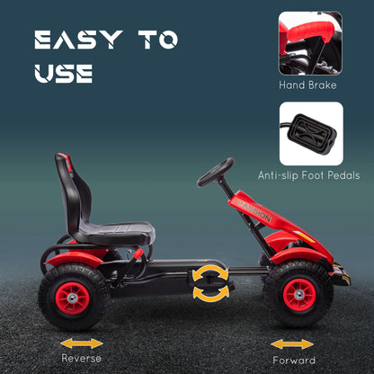 Pedal Go Kart, Kids Ride On Racer with Adjustable Seat, Inflatable Rubber Tyres, Handbrake for Ages 5-12 Years - Red