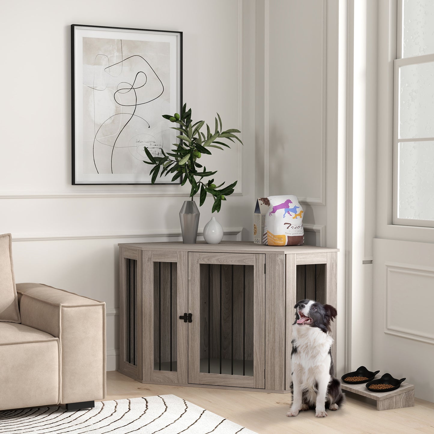 Dog Crate Furniture Side Table, with Cushion, 122 x 61 x 71cm - Walnut Brown