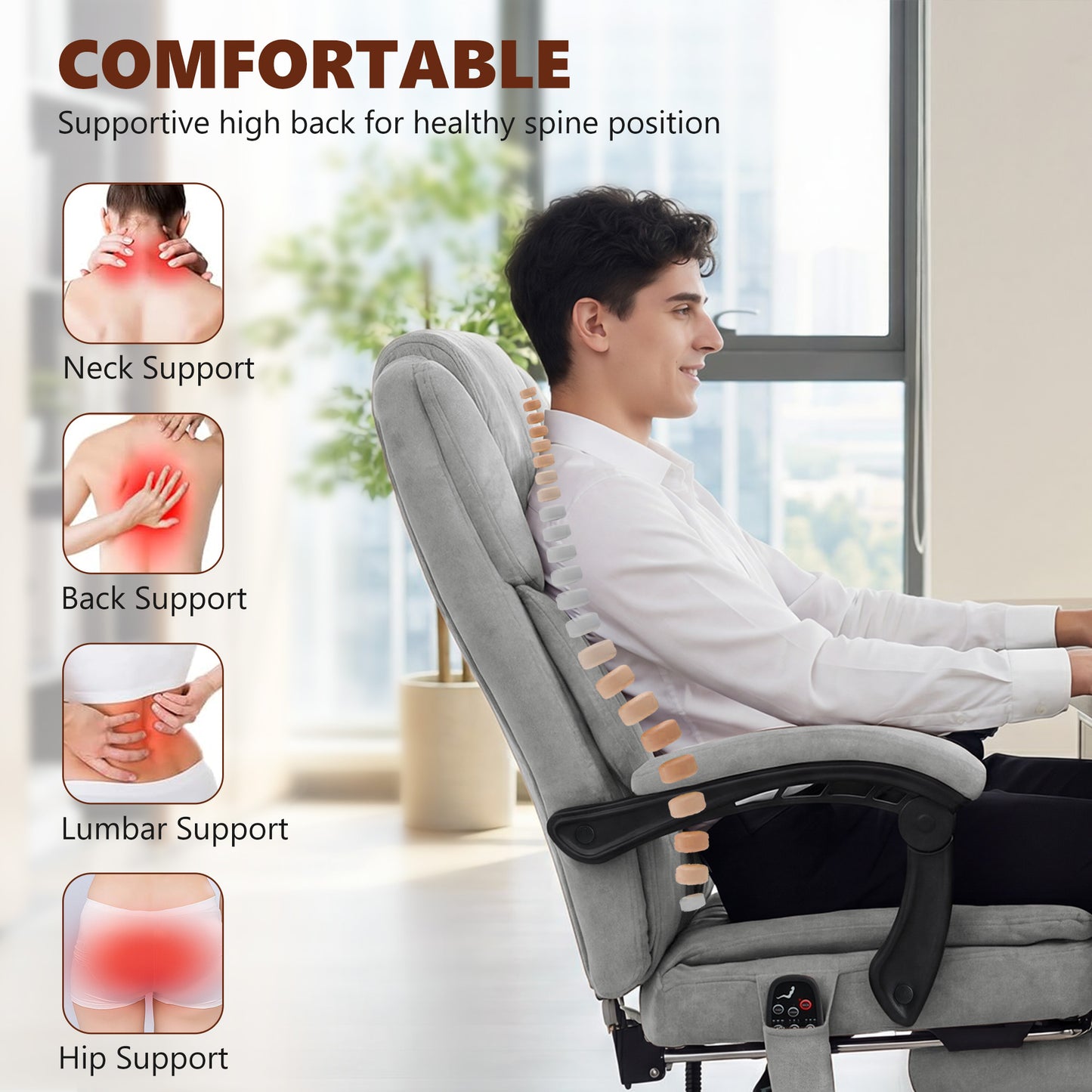Office Chair with 6-Point Vibration Massage and Heat, Executive Computer Desk Chair with High Back, Reclining, Grey