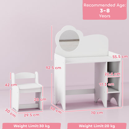 Kids Dressing Table with Mirror, Stool, Kids Vanity Table with Shelves, for Ages 3-8 Years, White