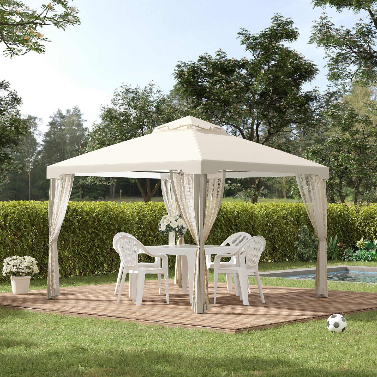 3 x 3 m Metal Gazebo, Double Roof Canopy Shelter with Mesh Sidewalls, Cream White