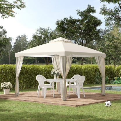 3 x 3 m Metal Gazebo, Double Roof Canopy Shelter with Mesh Sidewalls, Cream White