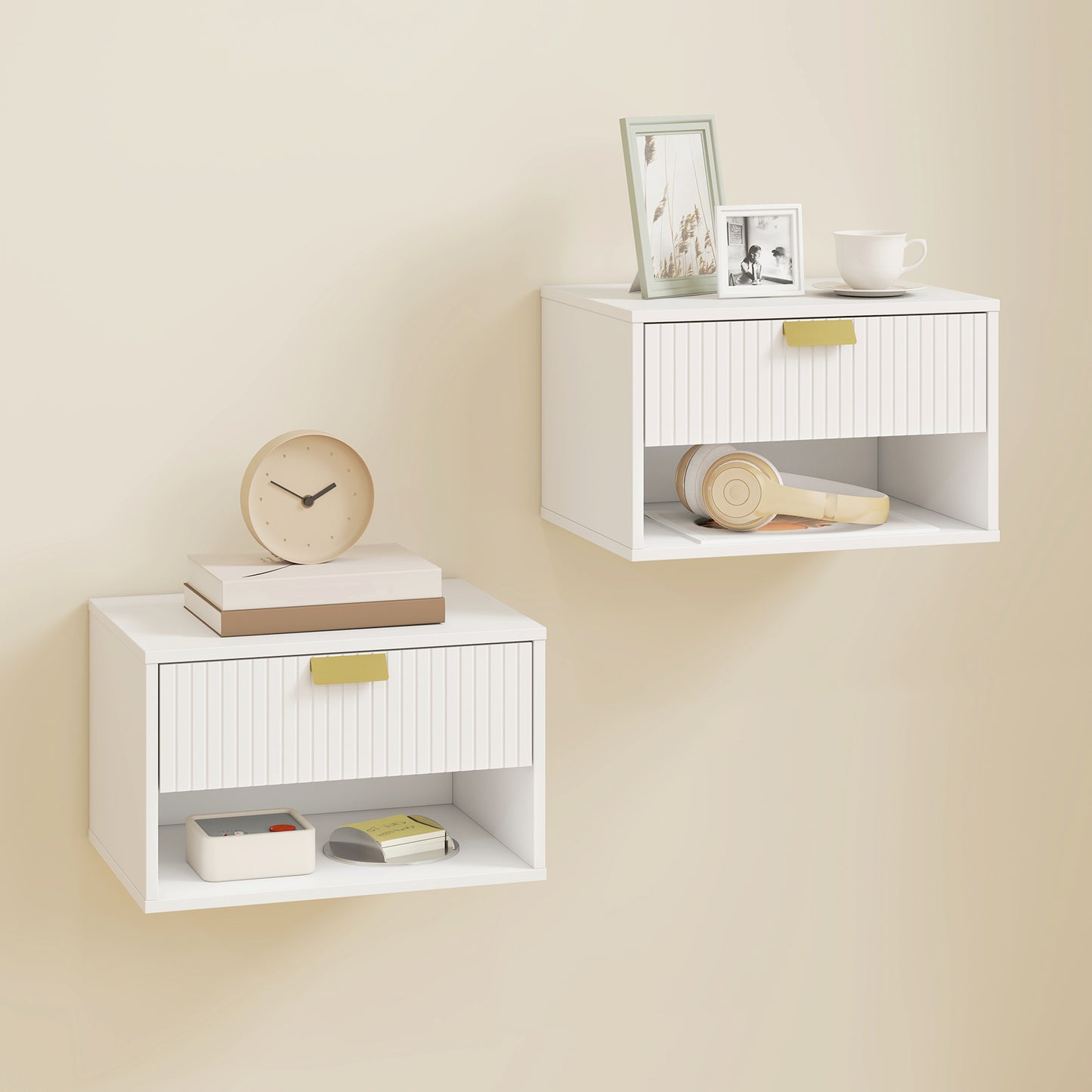 Set of 2 Wall Mounted Nightstands, Floating Bedside Tables with Fluted Drawer and Open Shelf for Small Bedroom, White