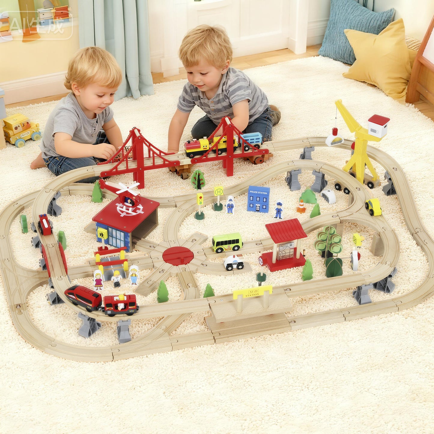 133-Piece Wooden Train Set, Toy Train with Crane, Storage Box, for Kids Ages 3+