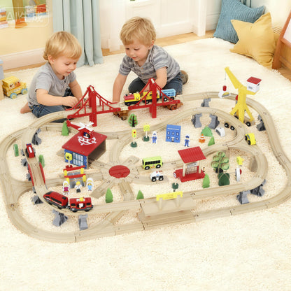 133-Piece Wooden Train Set, Toy Train with Crane, Storage Box, for Kids Ages 3+