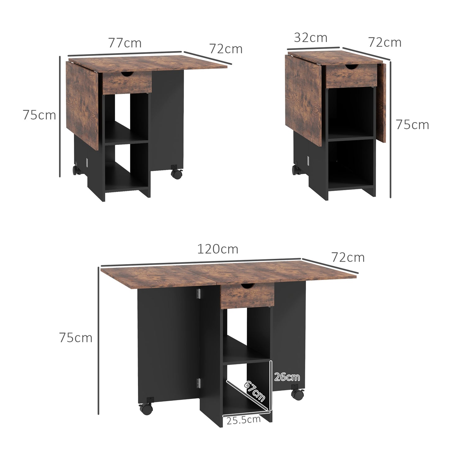 Folding Dining Table, Drop Leaf Table for Small Spaces, Foldable Table with Drawer and Storage Shelves for Kitchen
