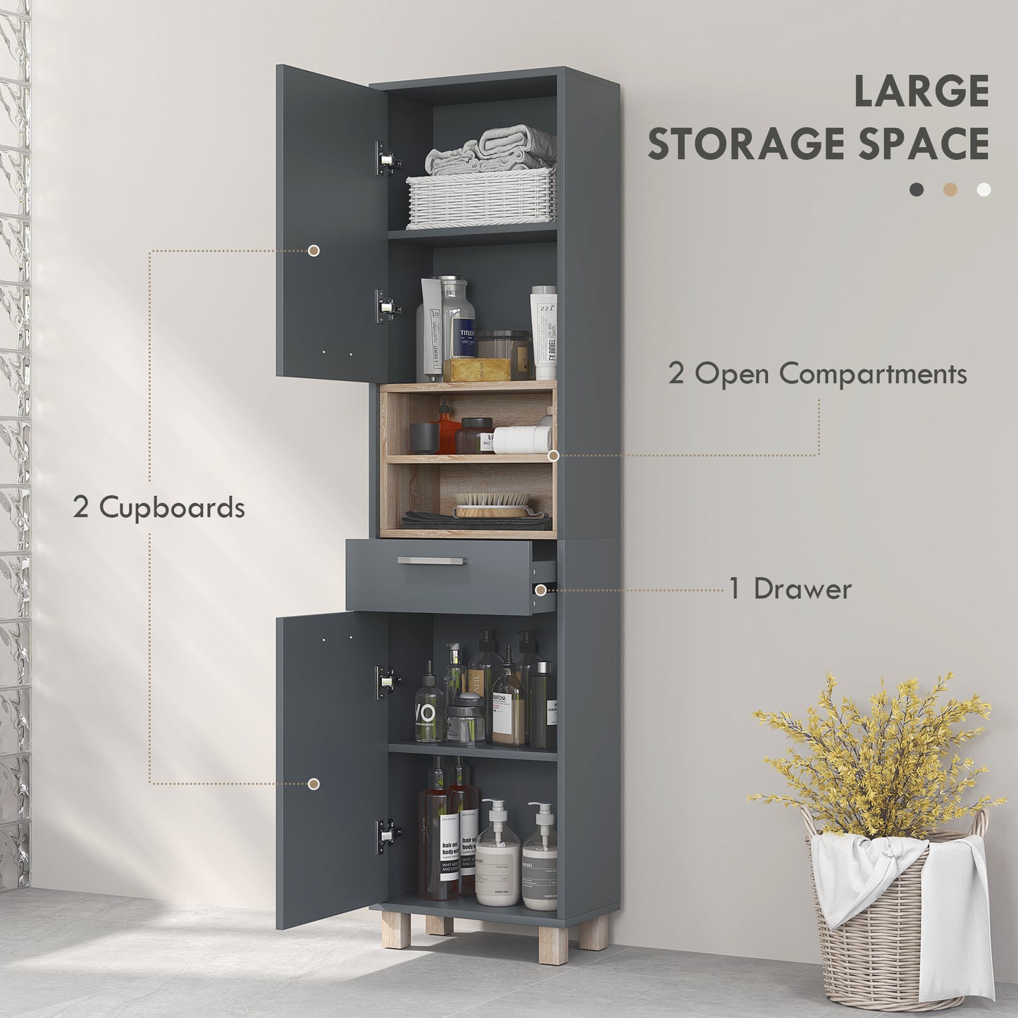 Tall Bathroom Storage Cabinet with MDF Triamine Board and Waterproof Sticker - Matte Grey