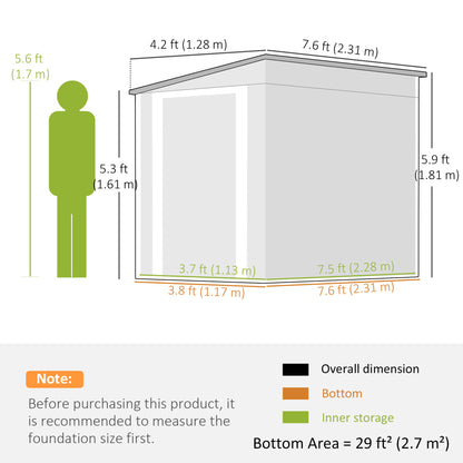 7.6 x 4ft Lean to Garden Metal Shed, Outdoor Storage Shed with Window, 2 Vents and Lockable Door for Garden, Dark Grey