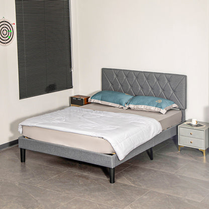 Double Bed Frame with 5-Level Adjustable Linen Upholstered Headboard 145W x 196D x 120Hcm, Grey