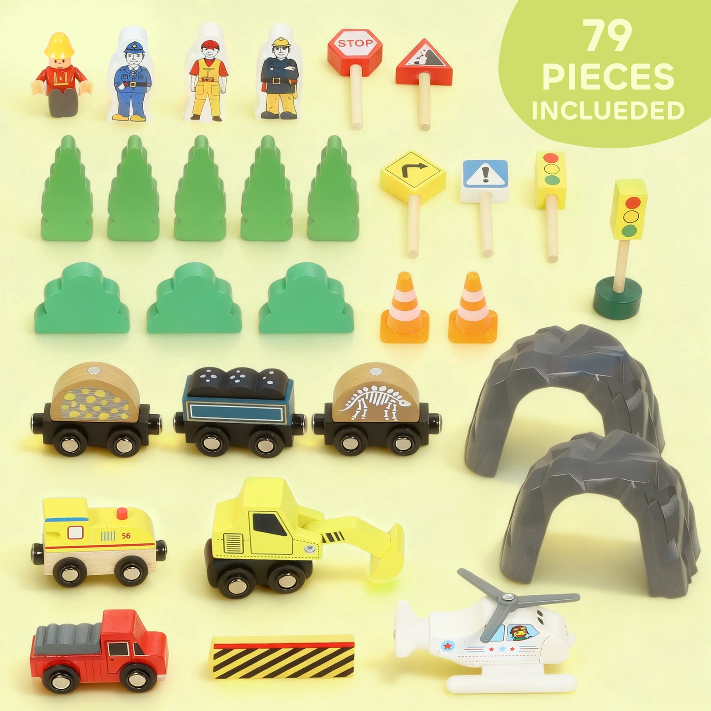79 Piece Wooden Train Set, Kids Train Track Mine Themed with Crane, Helicopter