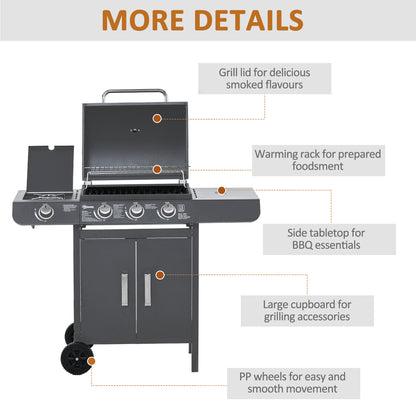 3+1 Burner Gas BBQ Grill, Outdoor Barbecue Trolley with Wheels, Warming Rack, Side Shelves, Cabinet, Thermometer for Garden