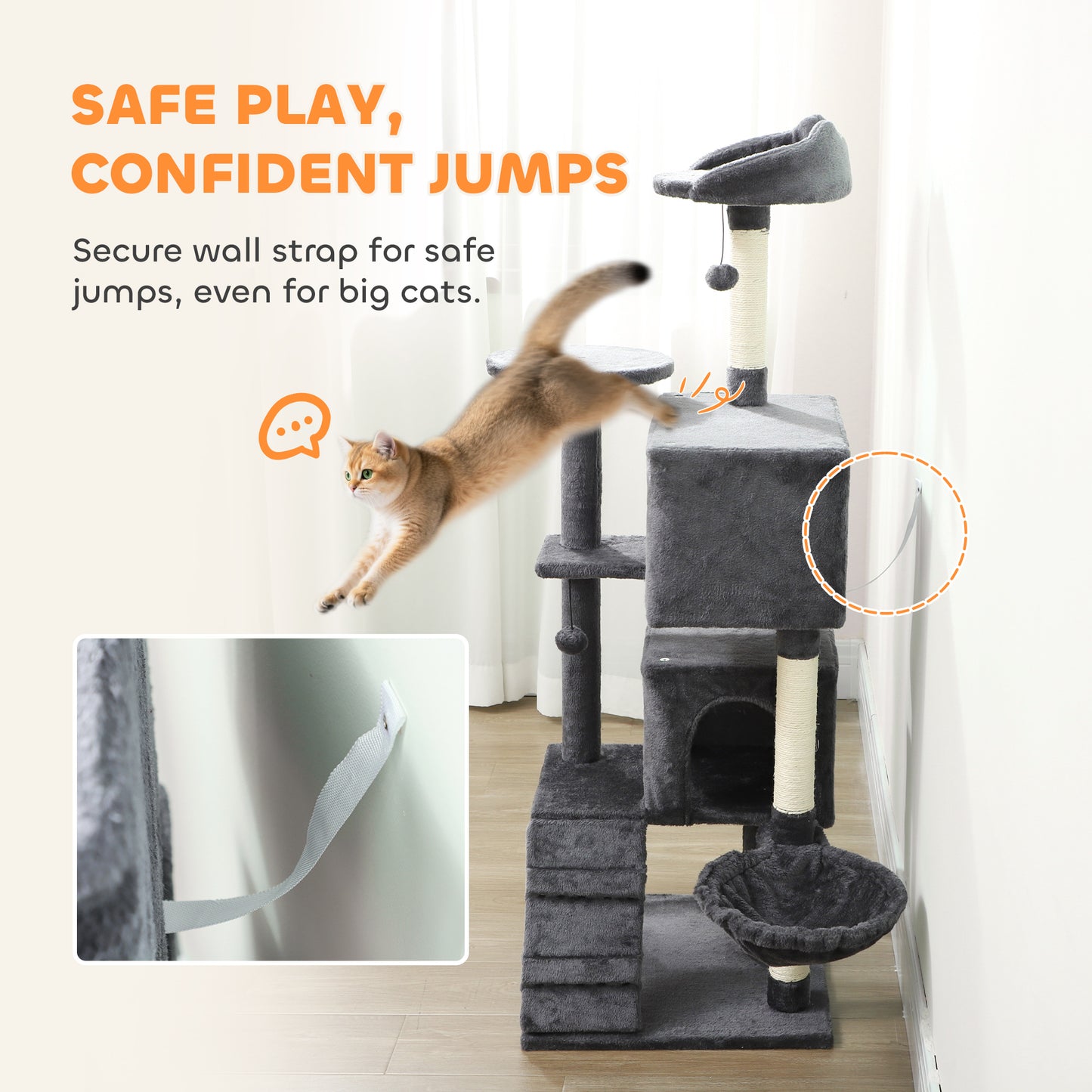 160cm Large Cat Tree Tower with Sisal Scratching Posts, Condos, Plush Perches, Hammock, Ladder, Dark Grey