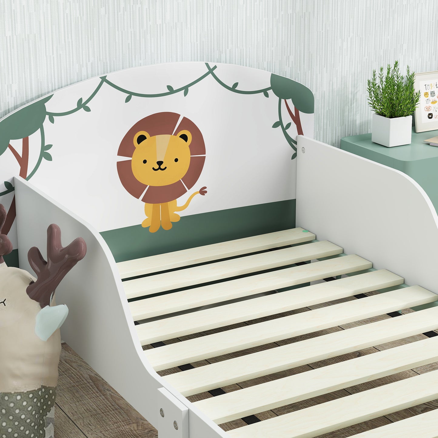 Toddler Bed with Storage, Guardrails, Lion Design, for Ages 3-8 Years, Fits 140 x 70cm Mattress, Green