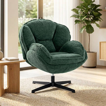 Modern Wingback Accent Chair, Velvet Armchair with Four-Star Base, S-Springs, Swivel, Dark Green