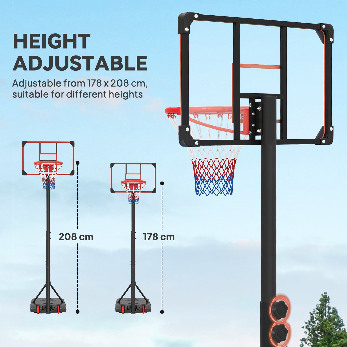 Height Adjustable Basketball Hoop and Stand with Firm Backboard and Weighted Base, Portable on Wheels, Red