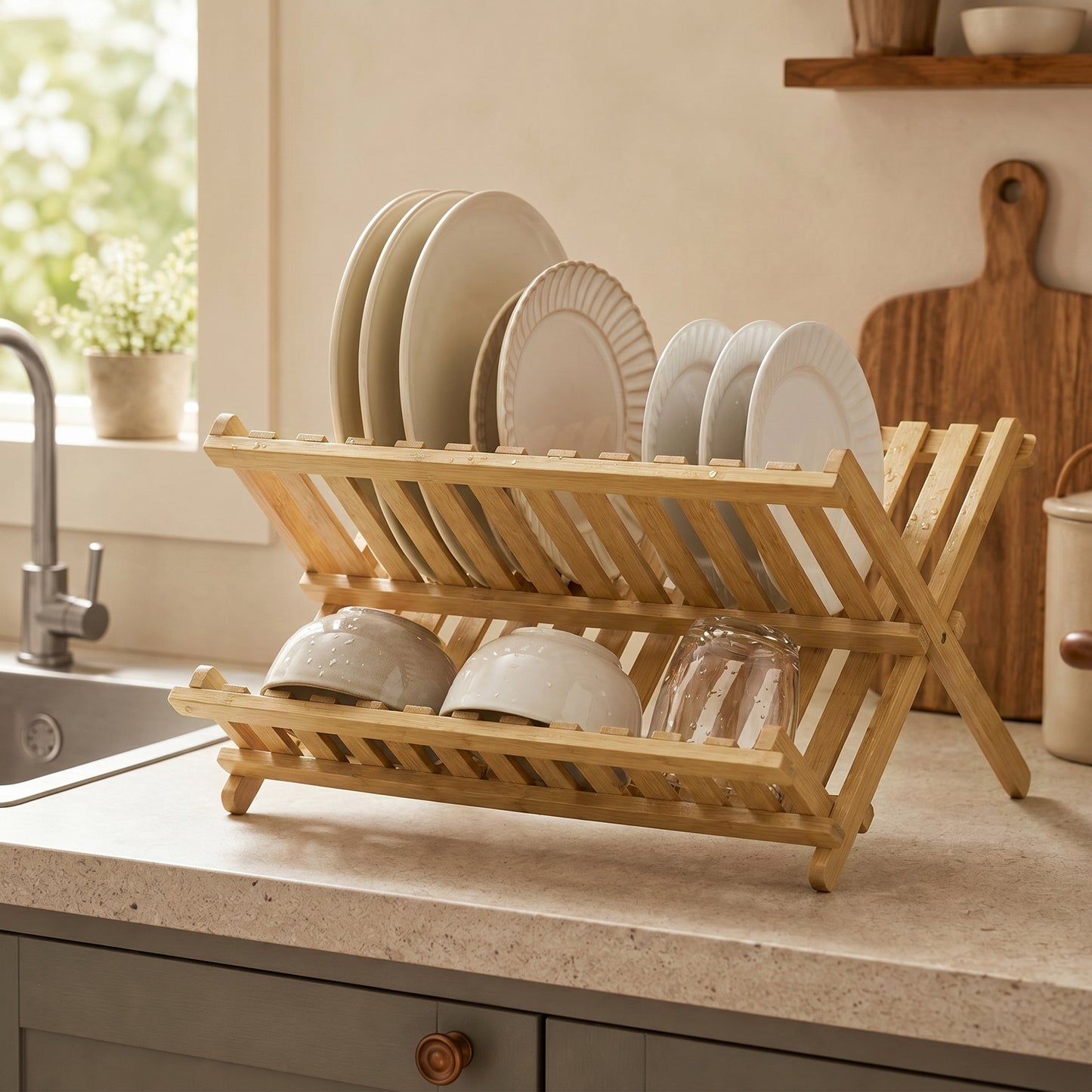 Kitchen Storage Unit, 2-Tier Foldable Kitchen Storage Rack with Slatted Draining Shelves, Natural Wood Finish