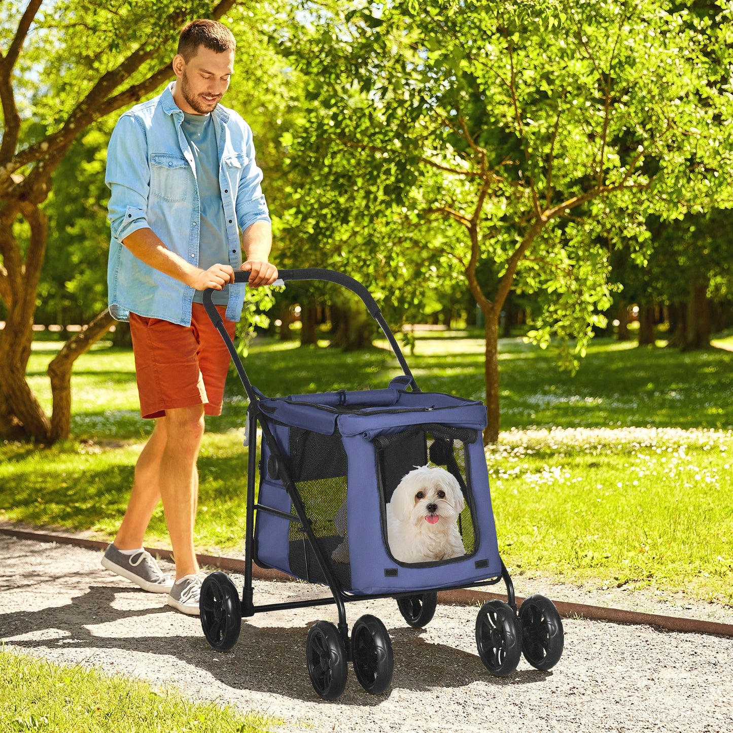 Dog Pram Dog Stroller 4 Wheels Pet Pushchair with Rolling Door, Cushion, Safety Leashes, for Small and Medium Breeds