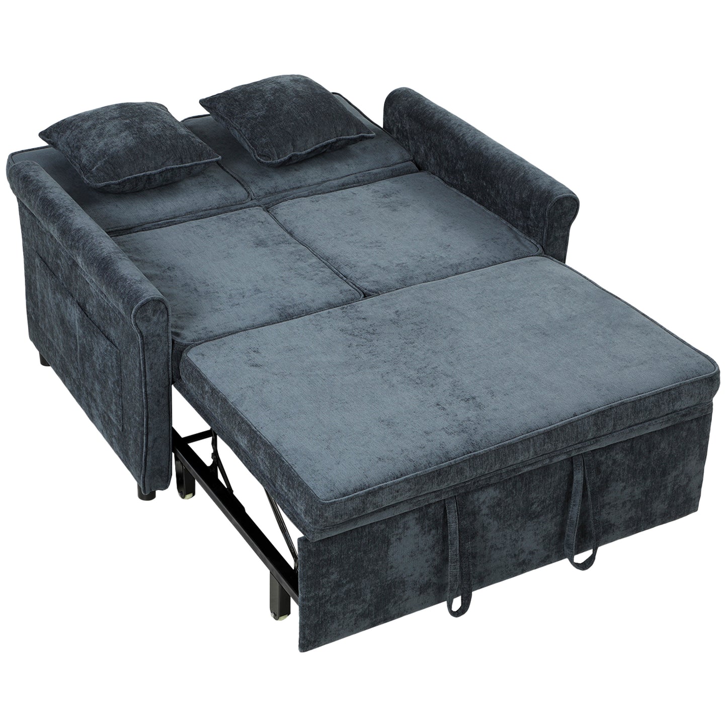 2 Seater Sofa Bed 3-in-1 Convertible Chenille Pull Out Sleeper Sofa with 5-Position Adjustable Backrest, Dark Blue