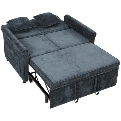 2 Seater Sofa Bed 3-in-1 Convertible Chenille Pull Out Sleeper Sofa with 5-Position Adjustable Backrest, Dark Blue
