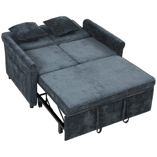 2 Seater Sofa Bed 3-in-1 Convertible Chenille Pull Out Sleeper Sofa with 5-Position Adjustable Backrest, Dark Blue