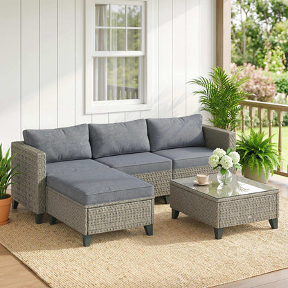 5-Piece Rattan Patio Furniture Set with Corner Sofa, Footstools, Coffee Table, for Poolside, Dark Grey